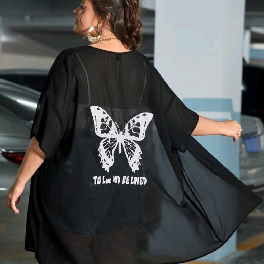 Black Sheer Kimono with White Butterfly Design